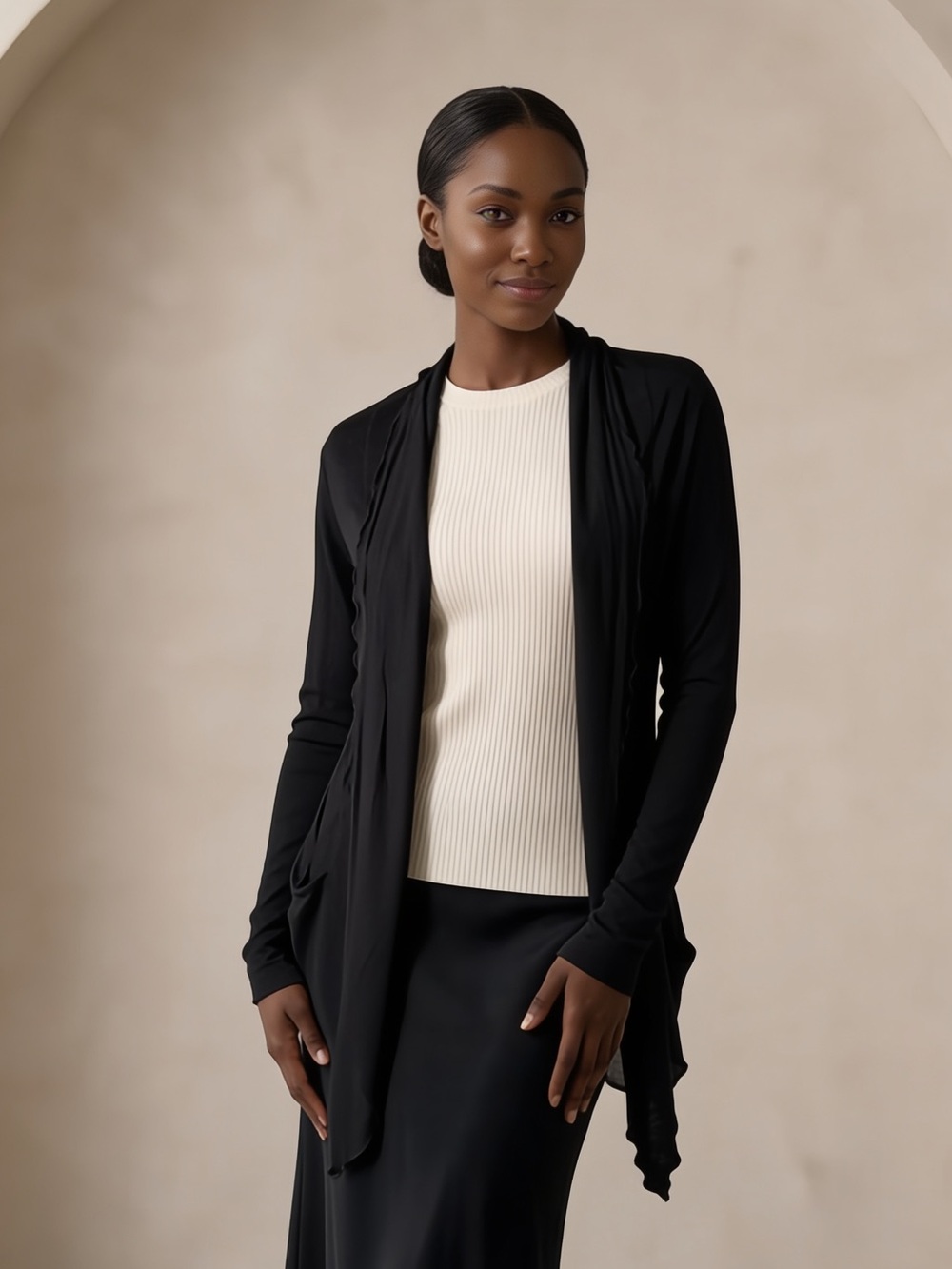 Black Draped Open-Front Cardigan